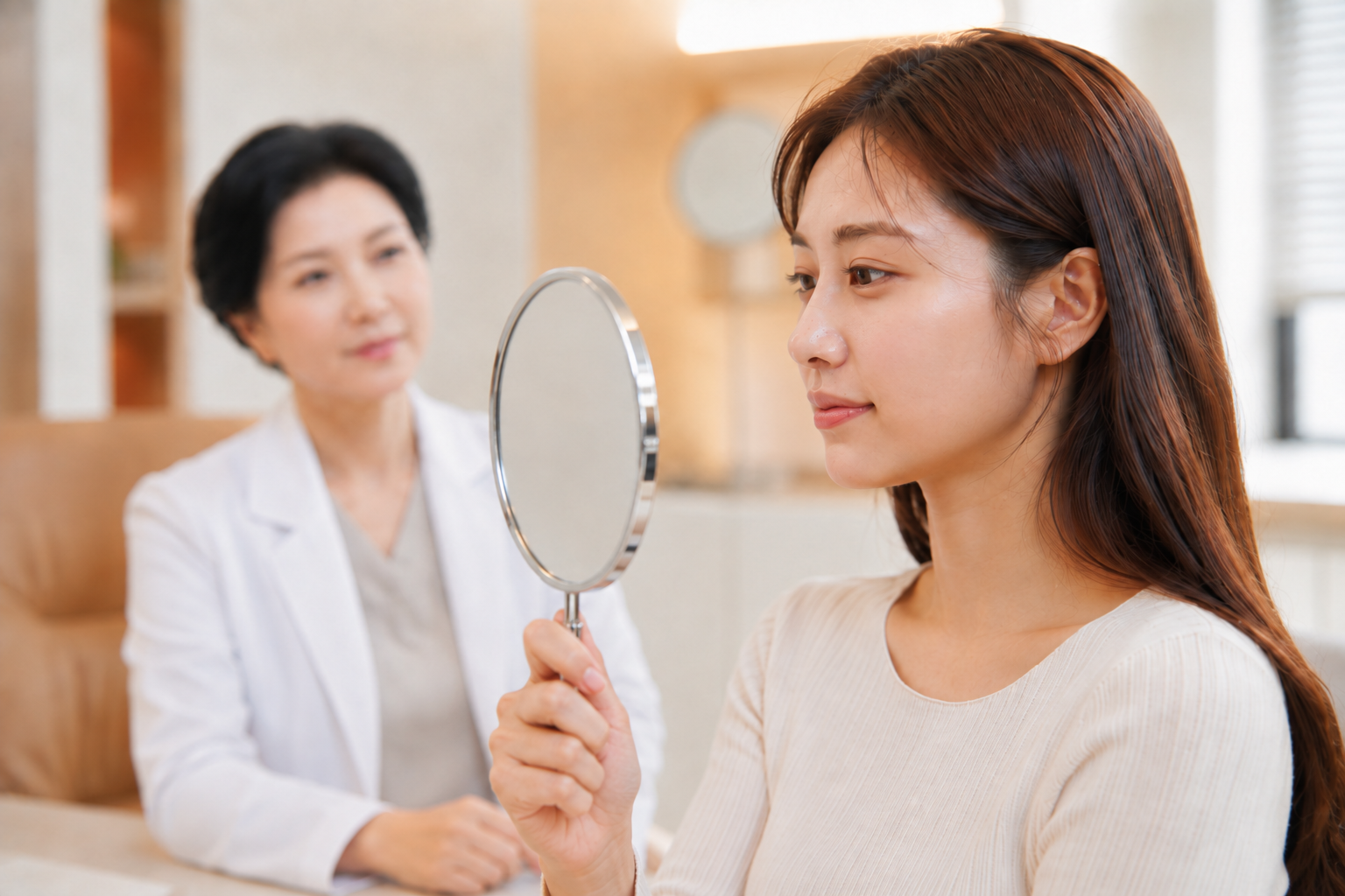 광주성형외과 의료진과 리쥬란 힐러 시술 계획을 상담하는 한국인 여성