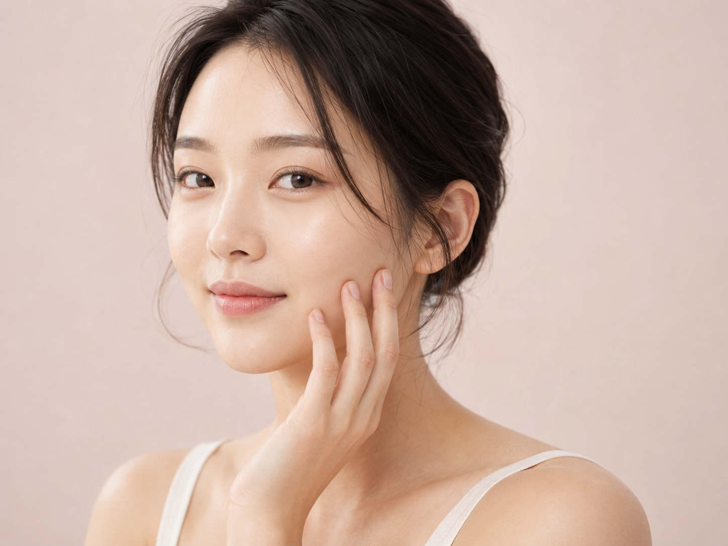 눈가 피부결과 잔주름을 살펴보는 한국인 여성 모델